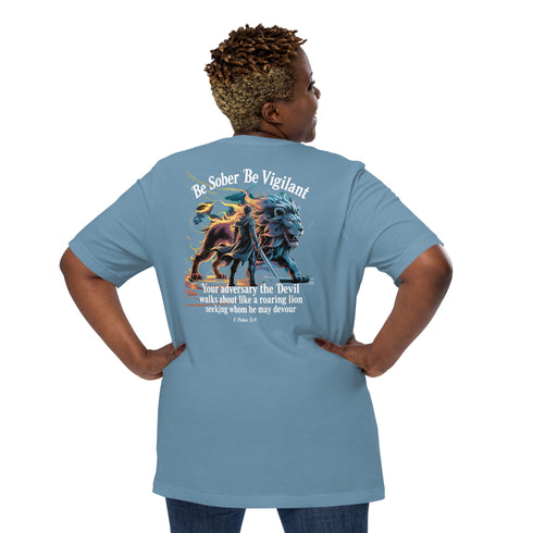 Be Sober Be Vigilant Lion (Back) Christian Bible Verse T-Shirt